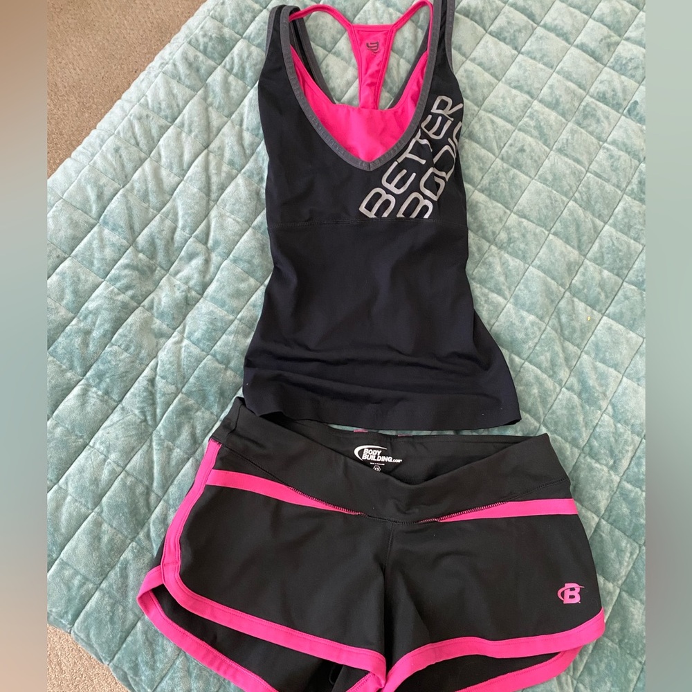Better bodies pink and black workout outfit top size small and shorts are XS
